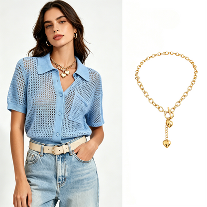 🔥50% OFF Half Price 🧶Women Short Sleeve Knit Button Shirt Free Gift Necklace