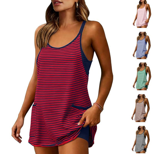 🚨Limited Time 50% Off Striped Tankini Dress with Pockets, High Waist Conservative Swimwear (🎁Free Gift:Random Color Cross Pendant Necklace (Comes with Gift Box))