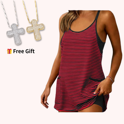 🚨Limited Time 50% Off Striped Tankini Dress with Pockets, High Waist Conservative Swimwear (🎁Free Gift:Random Color Cross Pendant Necklace (Comes with Gift Box))