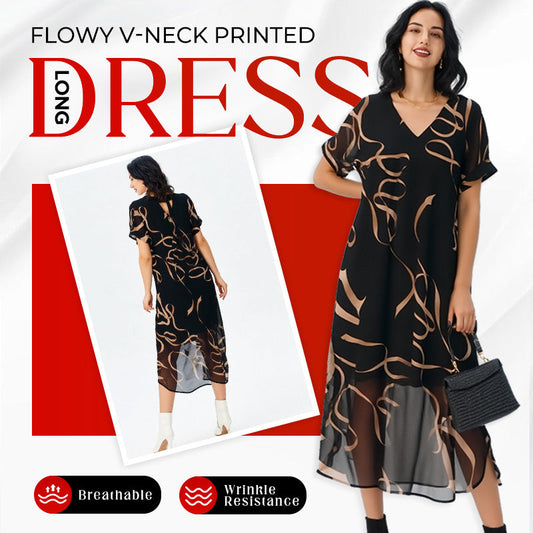 🔥60% OFF Half Price 💝✨Flowy V-Neck Printed Long Dress Loose Casual Maxi Dress Summer Beach Vacation Outfit