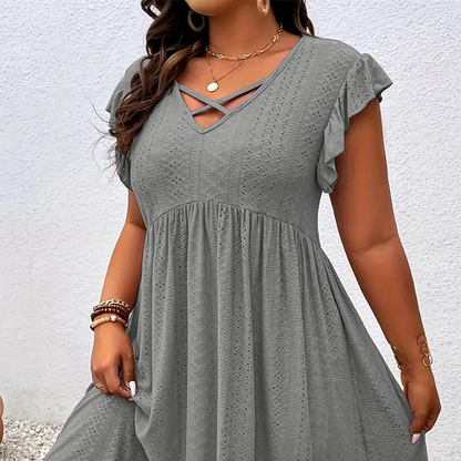 ✨LIMITED-TIME 50% OFF! 👗 Plus Size Women's V-Neck Ruffle Trim Dress, Soft Fabric Flattering Casual Party Dress for All Occasions