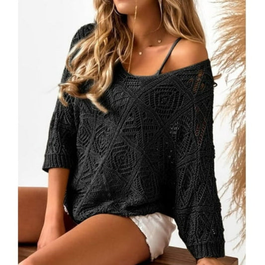 🔥50% OFF Boho Summer Chic Women's Crochet Openwork 3/4 Sleeve Knit Top, Breathable Lightweight Hollow Out Cover Up, Versatile Beach Vacation Layering Top