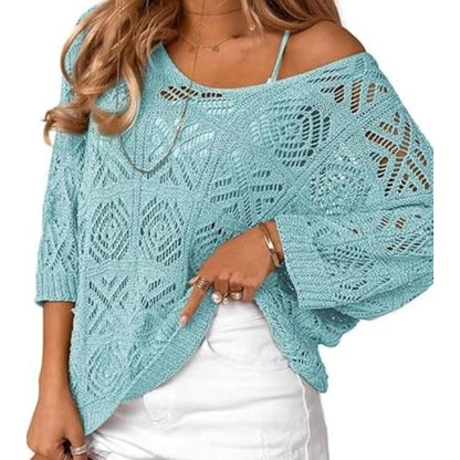 🔥50% OFF Boho Summer Chic Women's Crochet Openwork 3/4 Sleeve Knit Top, Breathable Lightweight Hollow Out Cover Up, Versatile Beach Vacation Layering Top