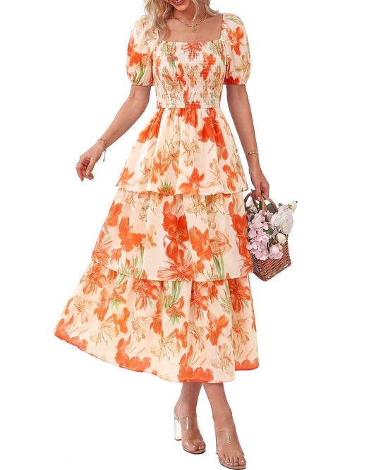 💥FREE SHIPPING💃Women's Floral Square Neck Puff Short Sleeve Smocked Tiered Dress