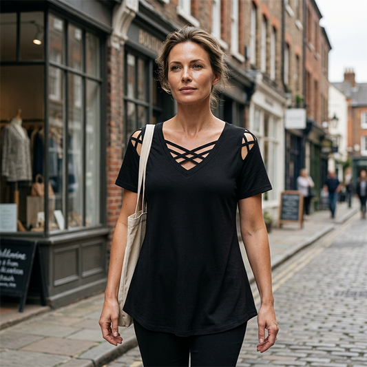 ⏰Last Day Sale 65% OFF Women's Chic Criss-Cross V-Neck T-Shirt, Soft Stretchy Summer Casual Tee