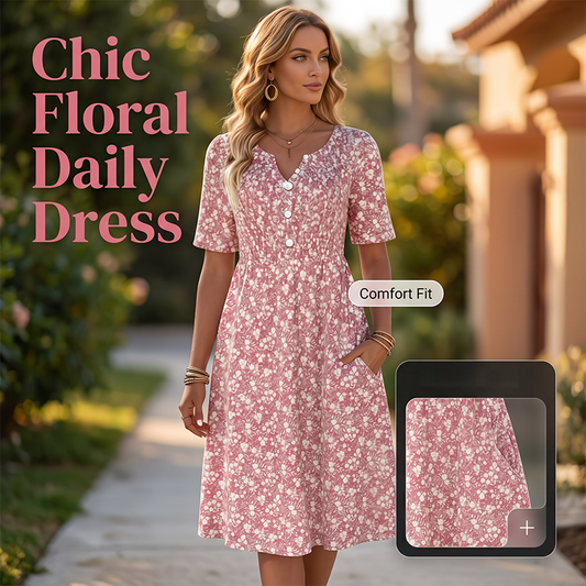 🎉 LIMITED TIME 50% OFF! 🔥 Women's Casual V-Neck Print Dress with Pockets – Floral Design & Functional Side Pockets 🌸