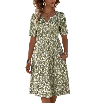 🎉 LIMITED TIME 50% OFF! 🔥 Women's Casual V-Neck Print Dress with Pockets – Floral Design & Functional Side Pockets 🌸