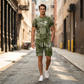 🔥This Week's Special Price:$39.99 FOR THE WHOLE 2 PIECES Outfit!!😍Mens Casual Faux Denim Print T Shirt Shorts Set