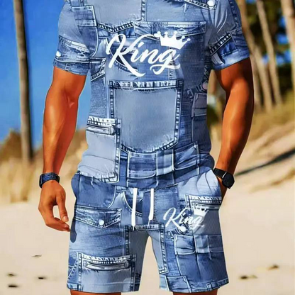 🔥This Week's Special Price:$39.99 FOR THE WHOLE 2 PIECES Outfit!!😍Mens Casual Faux Denim Print T Shirt Shorts Set